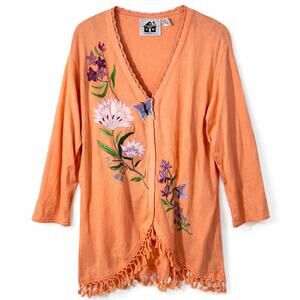 Storybook Knits Boho Embroidered Cardigan Tassel Fringe Cotton 2X